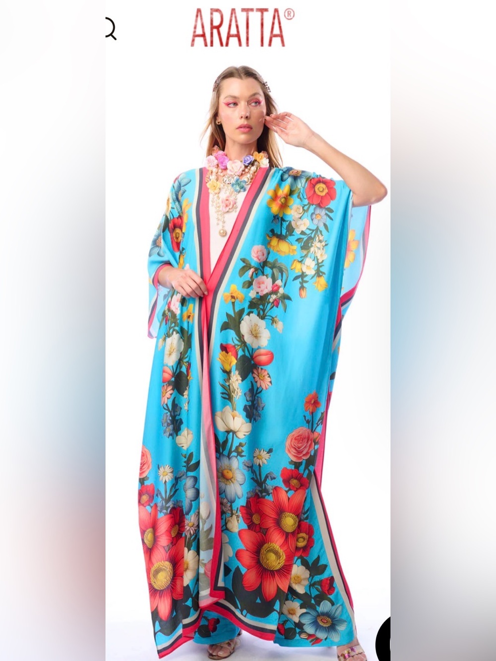 New with tags Aratta Blue Floral Silk Caftan with Pink Trim